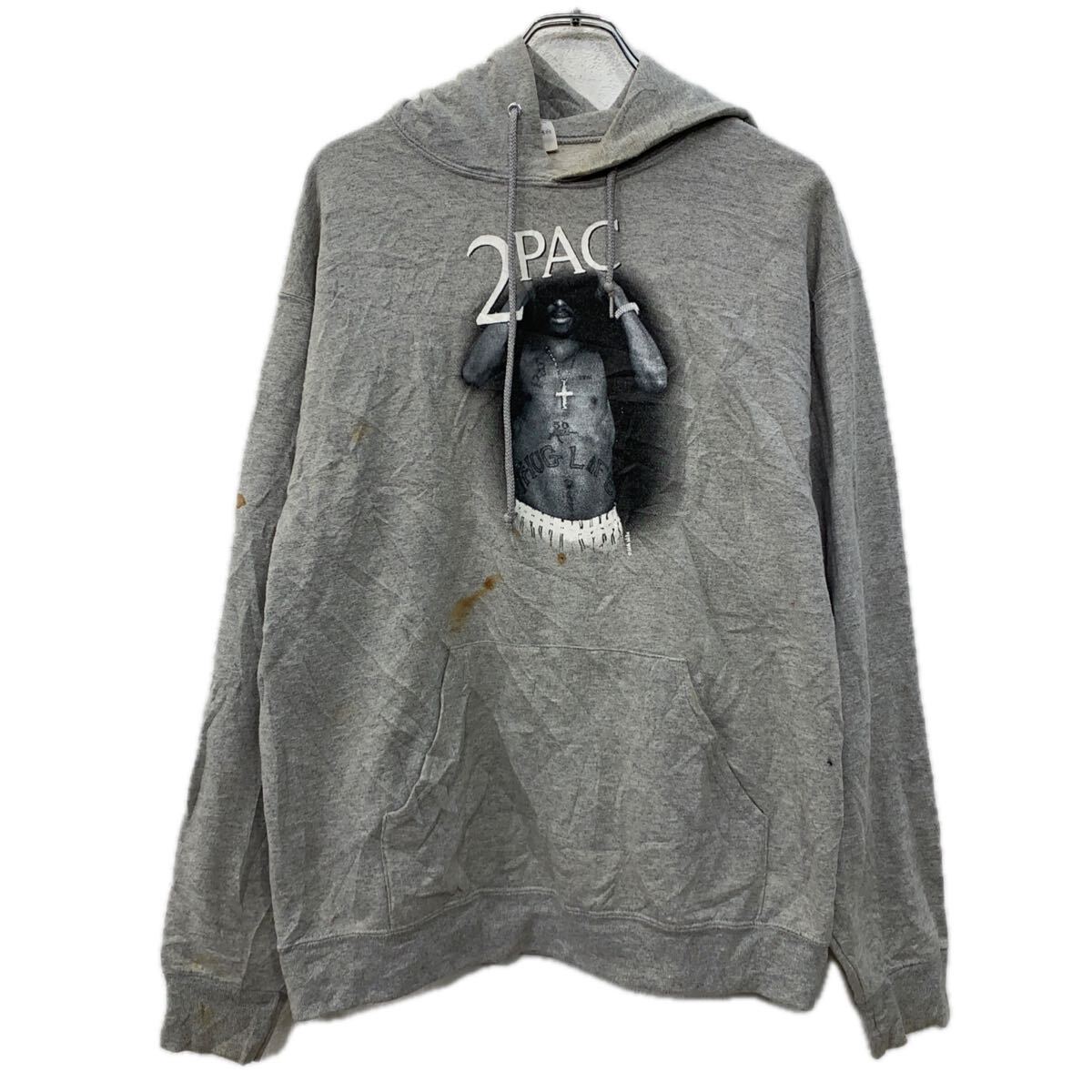 【中古】【古着】 Russell Athletic プリントスウェット パーカー L グレー ブラック プルオーバー フーディー ビッグプリント 2PAC 秋物 a711-5934