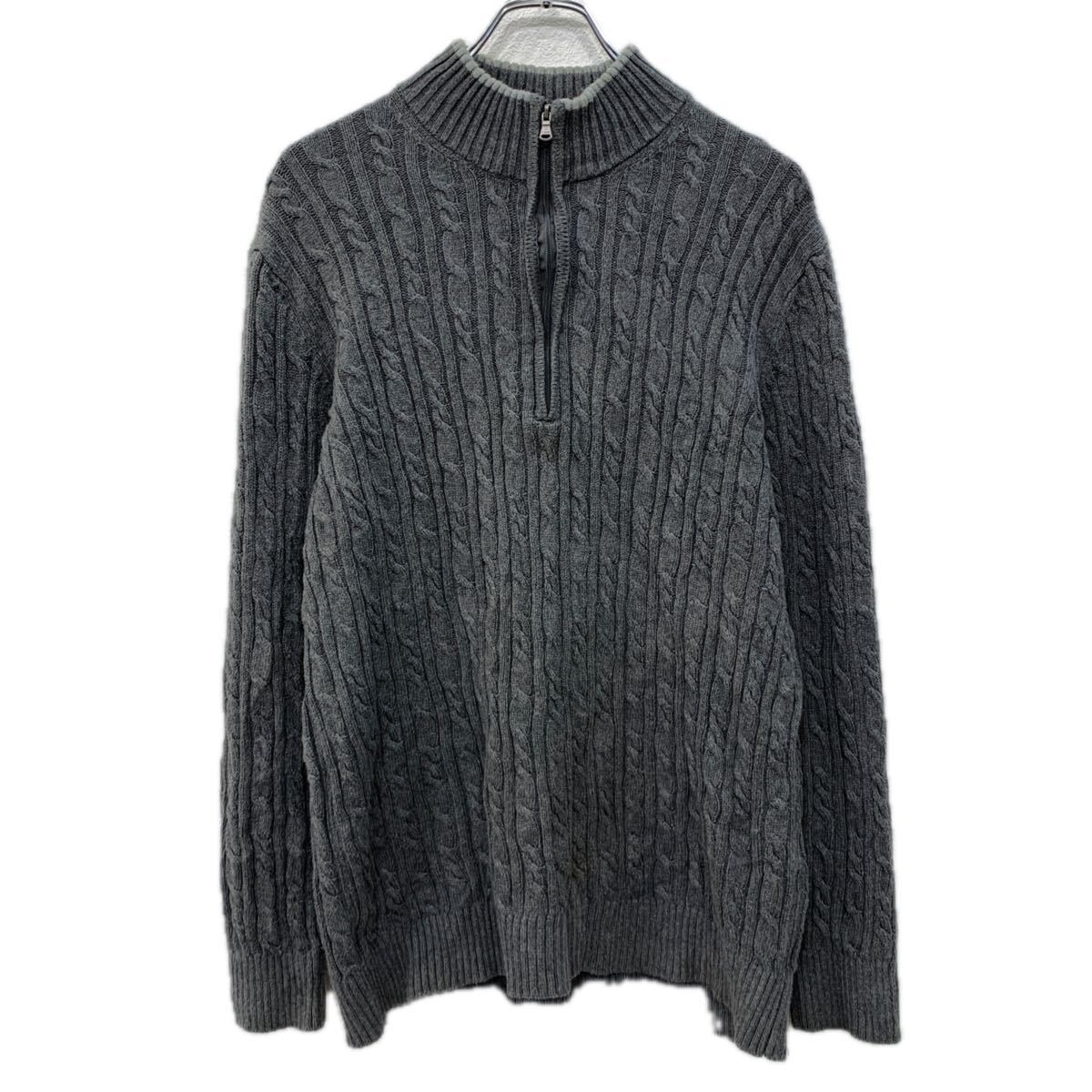 【中古】【古着】 IZOD 長袖 コットンニット セーター L ダークグレー アイゾッド ハーフジップ ケーブルニット コットン100% 無地セーター 秋物 a711-5961