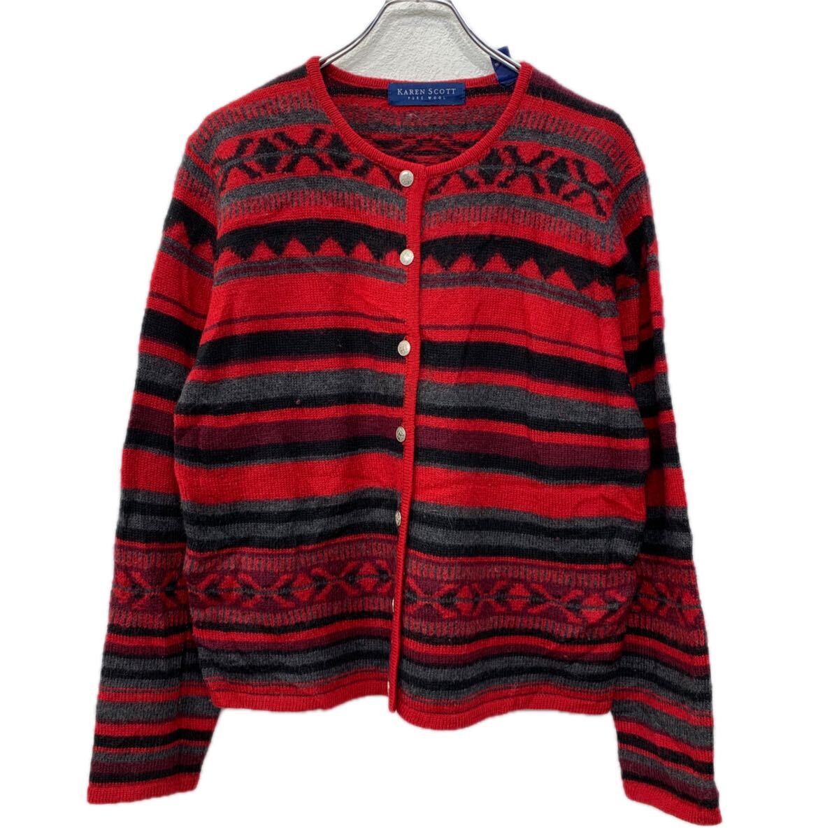 【中古】【古着】 KAREN SCOTT ウールニット カーディガン M レッド ブラック ボタン ウール100% ボーダー 総柄カーディガン 総柄 秋物 a711-5973