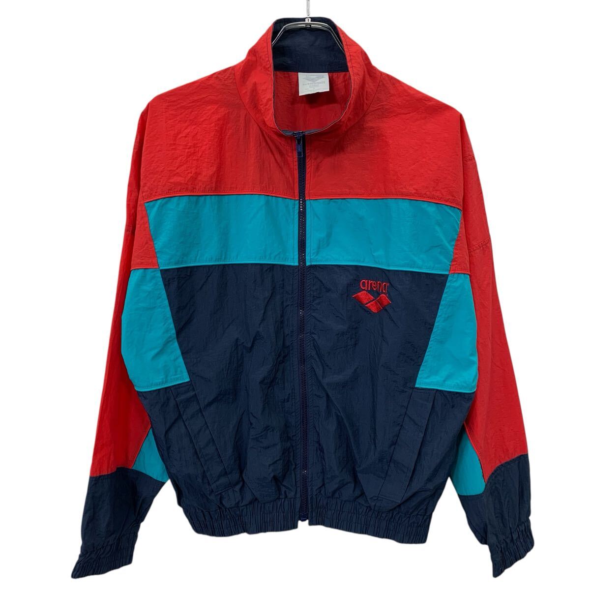 【中古】【古着】 台湾製 DESCENTE ナイロンジャケット S マルチカラー レッド×ネイビー×エメラルドグリーン デサント ジップアップ 秋物 a711-6051