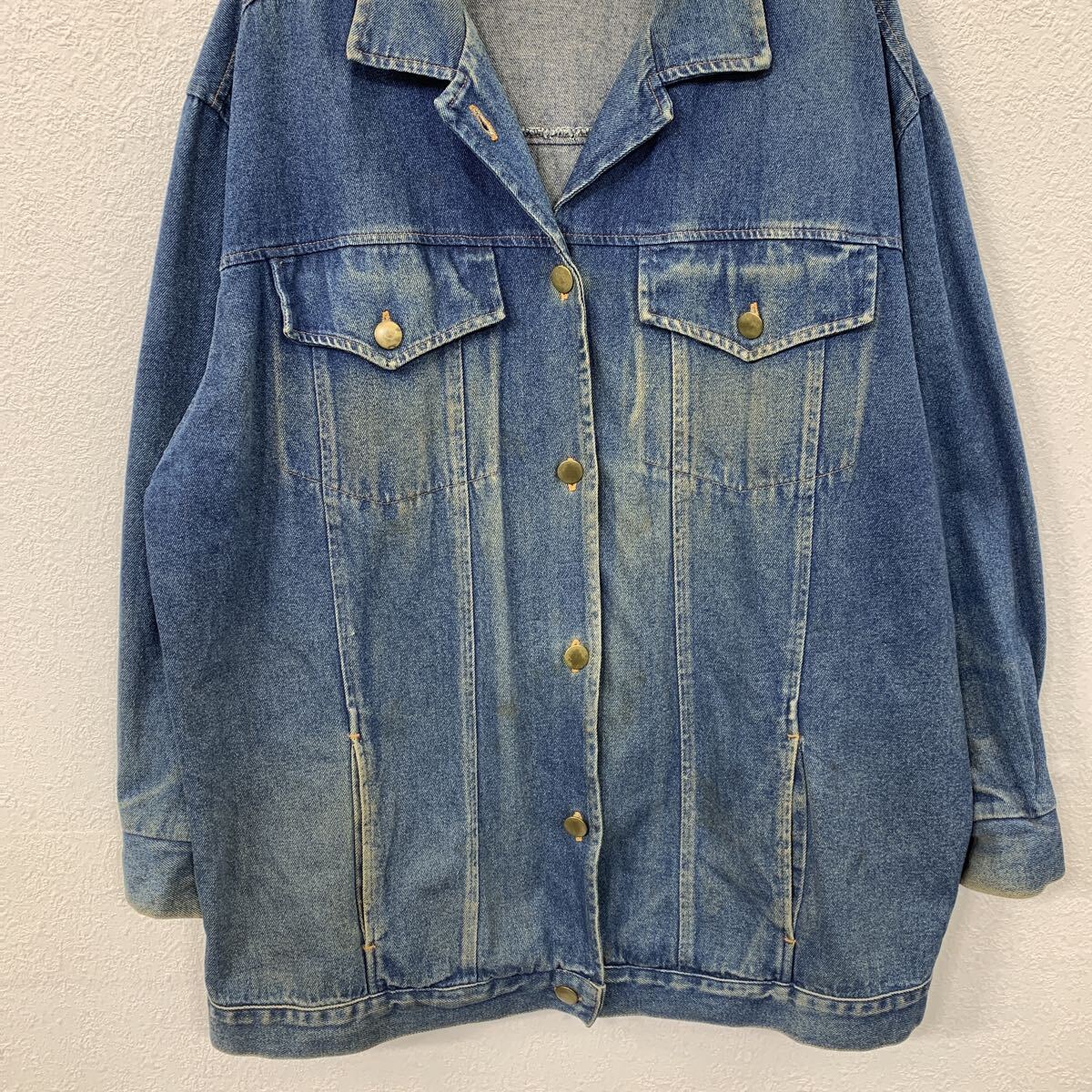 【中古】【古着】 Huntes Run デニムジャケット インディゴブルー ハンターズラン ボタンダウン ロング丈 ビッグサイズ 両胸ポケット 秋物 a711-6053