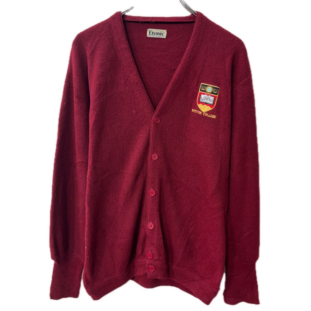 【中古】【古着】 Etonic ニット セーター カーディガン L～ ワインレッド ボタン カレッジ 秋物 a711-6101