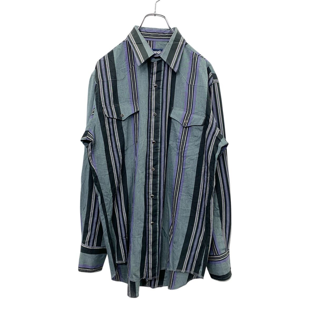 乐天商城 - 【中古】【古着】 90s Wrangler 長袖 ストライプシャツ 15 1/2 グレー・ブラック・パープル ラングラー ウエスタンシャツ スナップボタン 春秋物 a711-6107