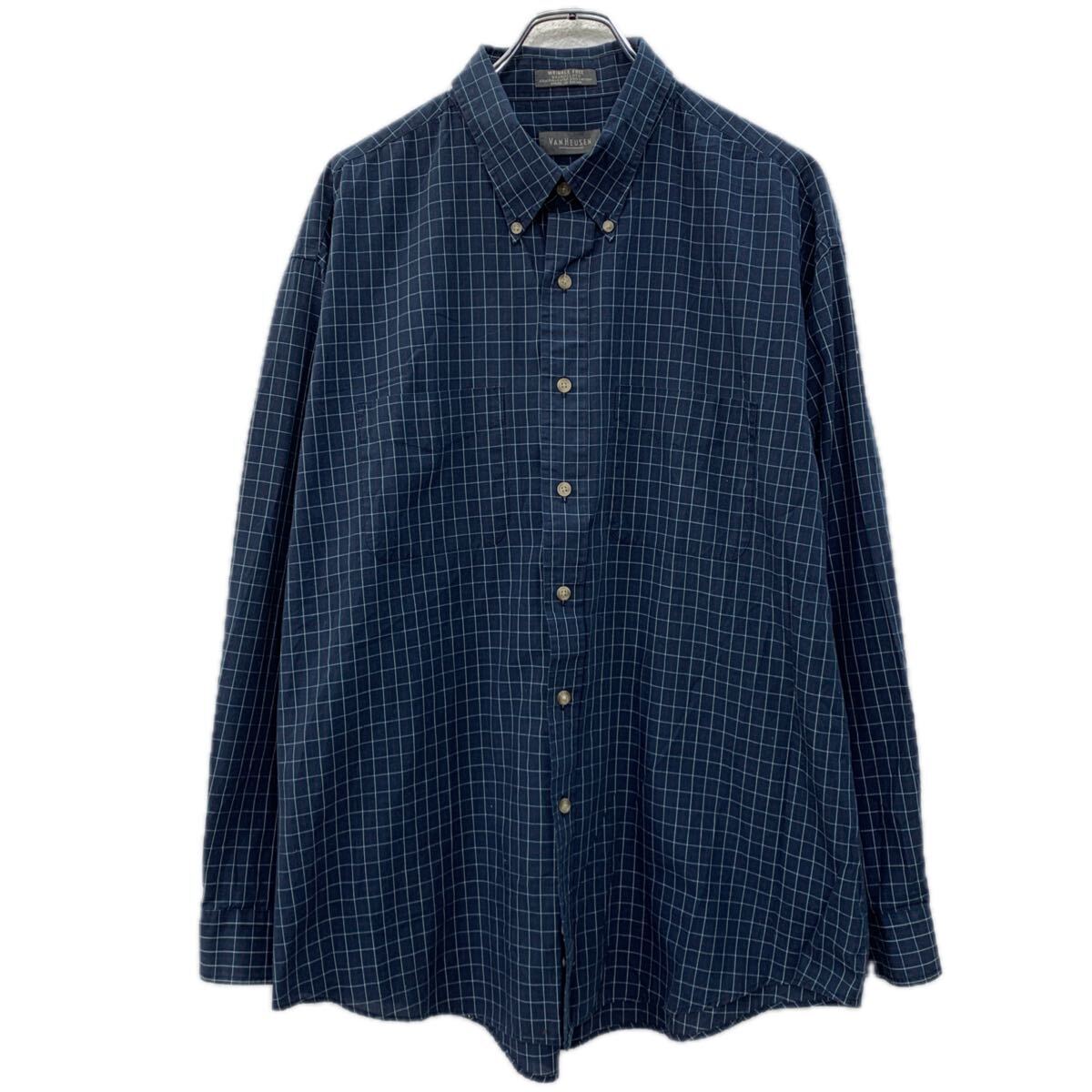【中古】【古着】 VANHEUSEN 長袖 チェックシャツ XL ネイビー マルチカラー ボタン ボタンダウン 胸ポケット チェック柄 カジュアルシャツ 春物 a711-6153