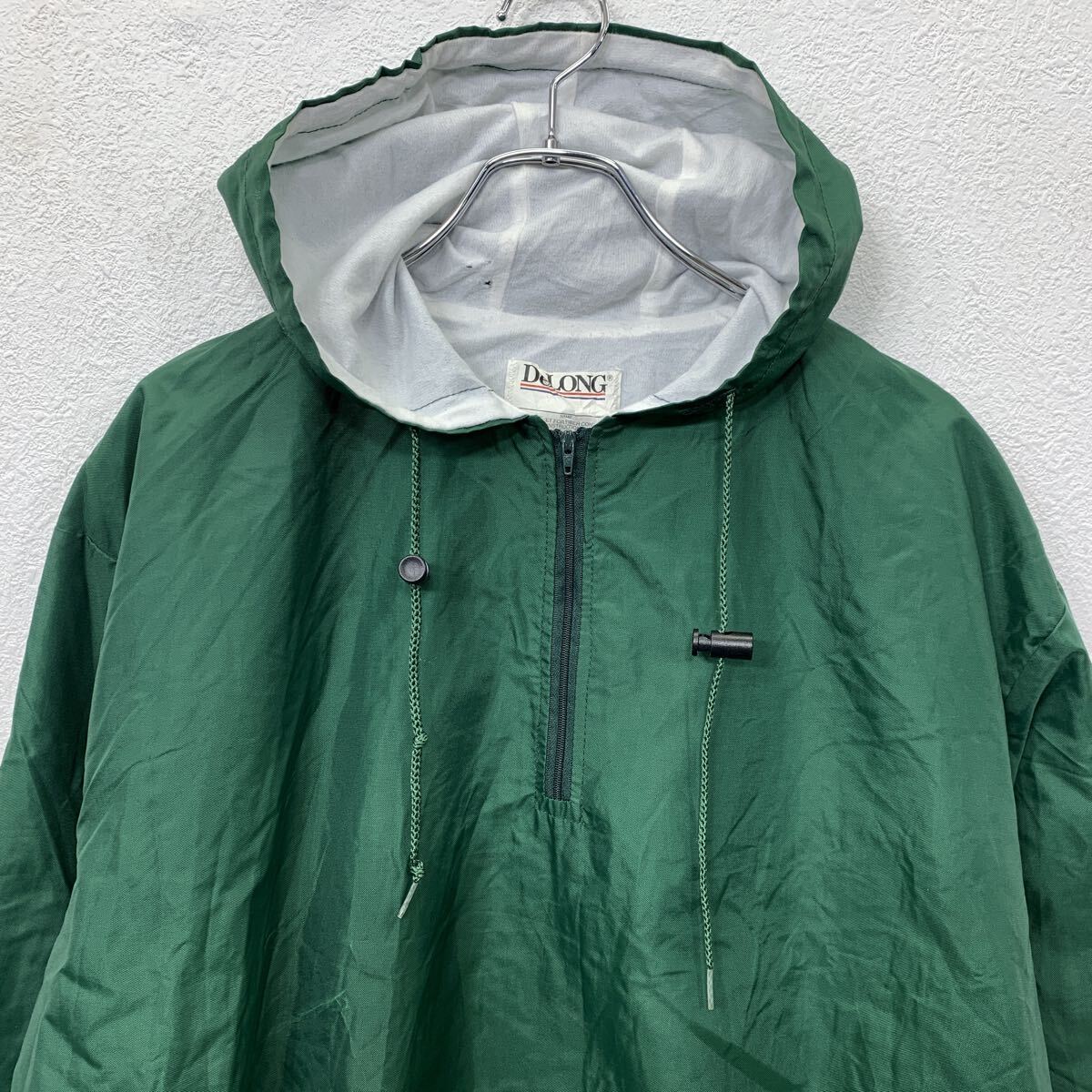【中古】【古着】 USA製 DeLONG アノラックパーカー XL グリーン ディロング ハーフジップ スポーティ 裏地ネル生地 a711-6166