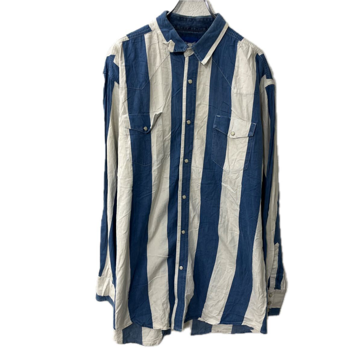 長袖 - 【中古】【古着】 Wrangler 長袖 ウエスタンシャツ XL〜 ホワイト ブルー ラングラー ストライプ スナップボダン 胸ポケット トップス 春物 a711-6178