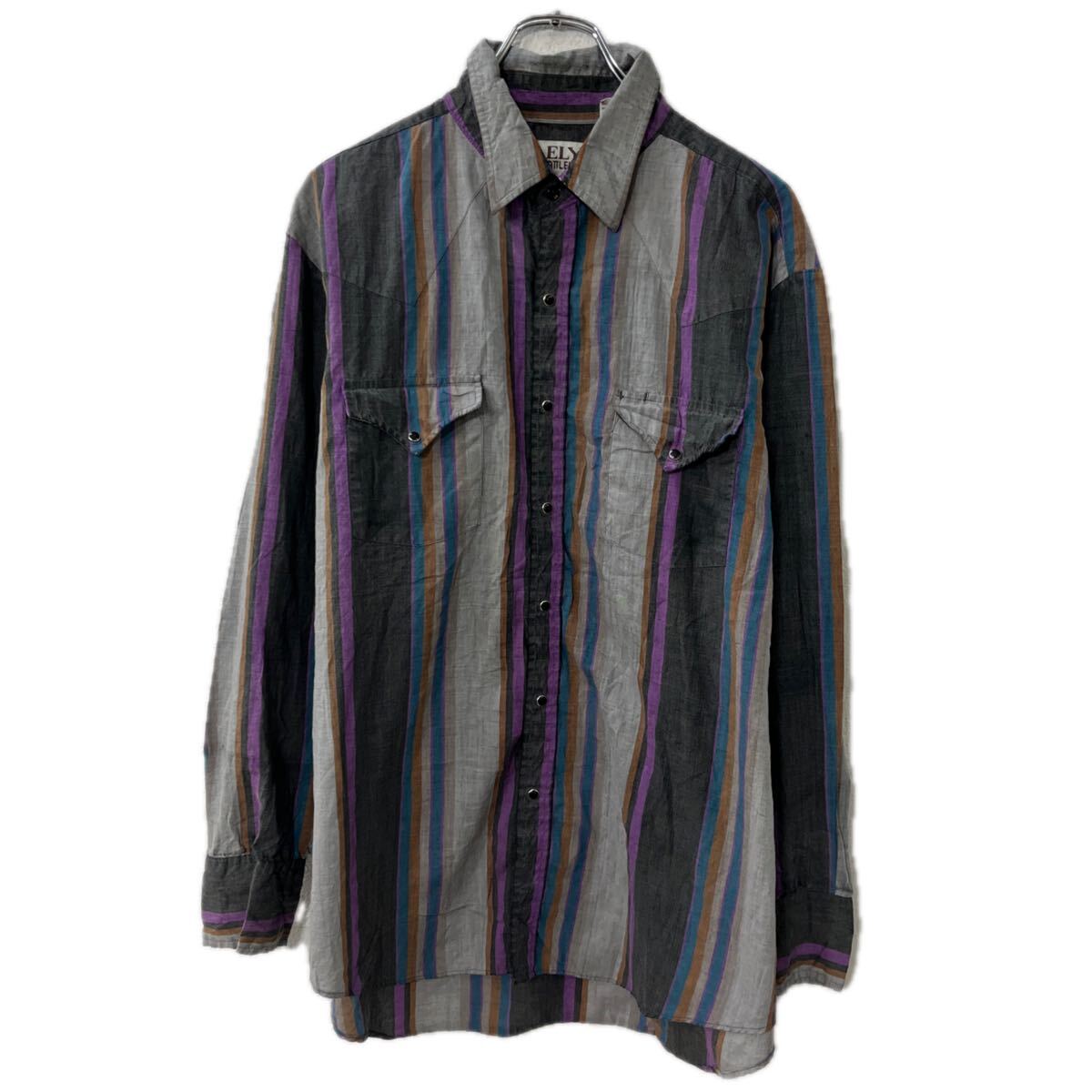 【中古】【古着】 ELY CATTLEMAN 長袖 ウエスタンシャツ XL〜 グレー系 マルチカラー ストライプ スナップボダン 胸ポケット トップス 春物 a711-6180
