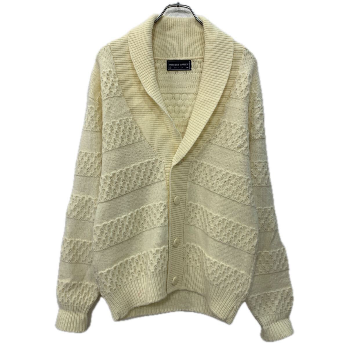 【中古】【古着】 USA製 ROBERT BRUCE ウールニット カーディガン M アイボリー ボタン ボーダー 無地カーディガン 無地 シンプル 秋物 a711-6190