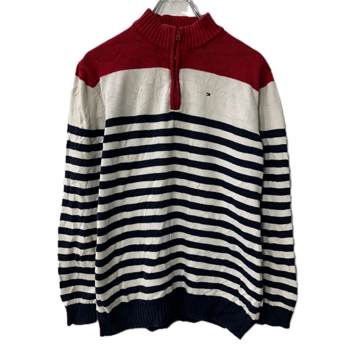【中古】【古着】 TOMMY HILFIGER コットンニット セーター XL レッド ホワイト ネイビー トミーヒルフィガー コットンハーフジップ ボーダー 秋物 a711-6223