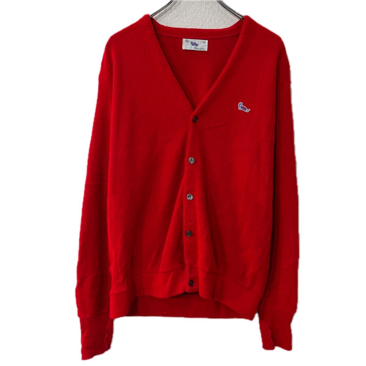 【中古】【古着】 The Sweater ニット セーター カーディガン L レッド ボタン ワンポイントロゴ シンプル 秋物 a711-6225