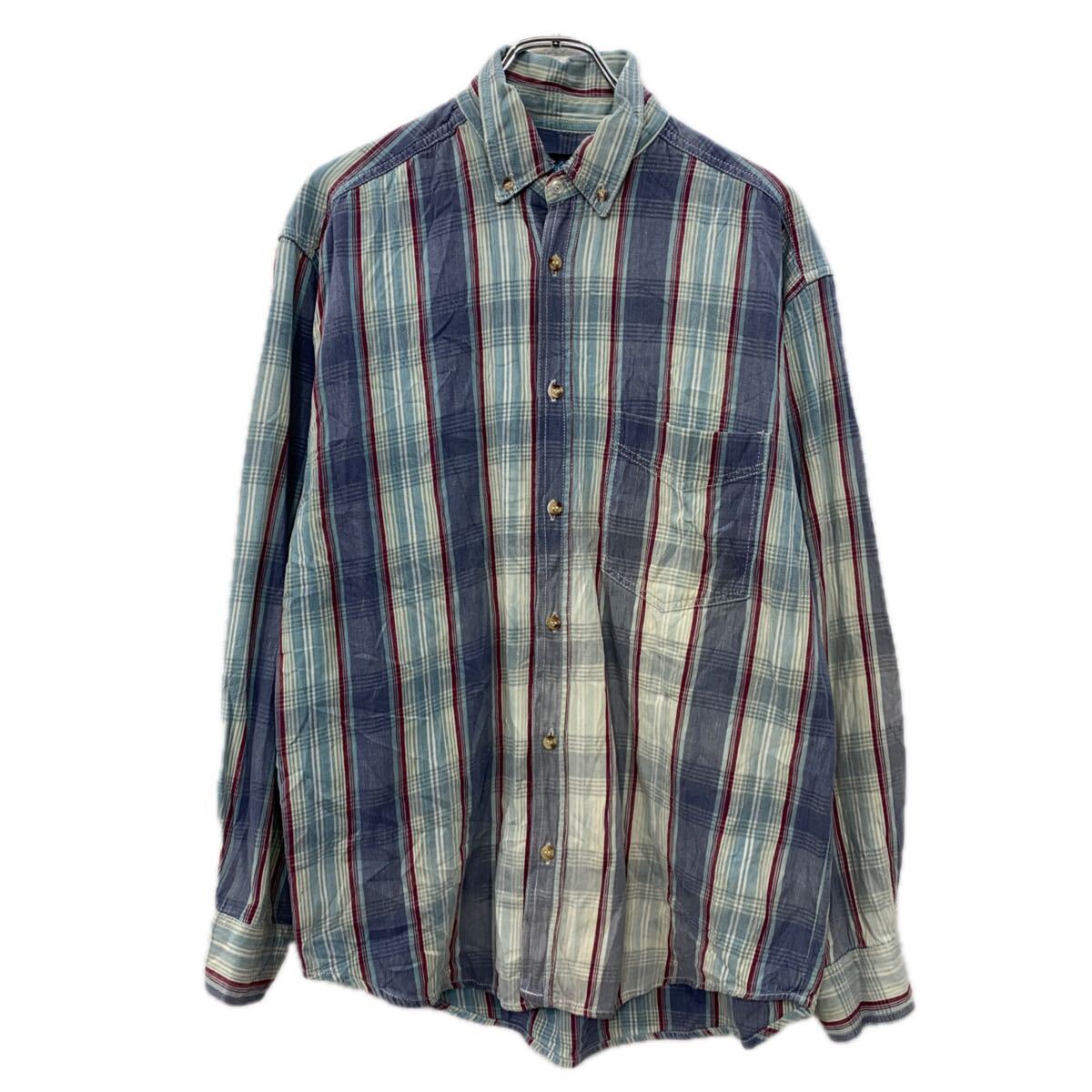 【中古】【古着】 DOUBLE IMPACT 長袖 チェックシャツ L ブルー マルチカラー ボタンダウン ボタン 胸ポケット チェック柄 ストライプ 春物 a711-6272