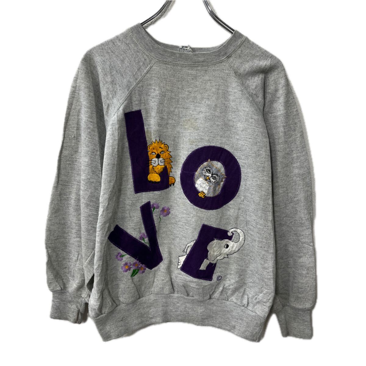 跳线其它 夹克 - 【中古】【古着】 Cyn Les プリントスウェット トレーナー M〜 グレー ラグラン プルオーバー アニマル 刺繍プリント カットソー トップス 秋物 a711-6341