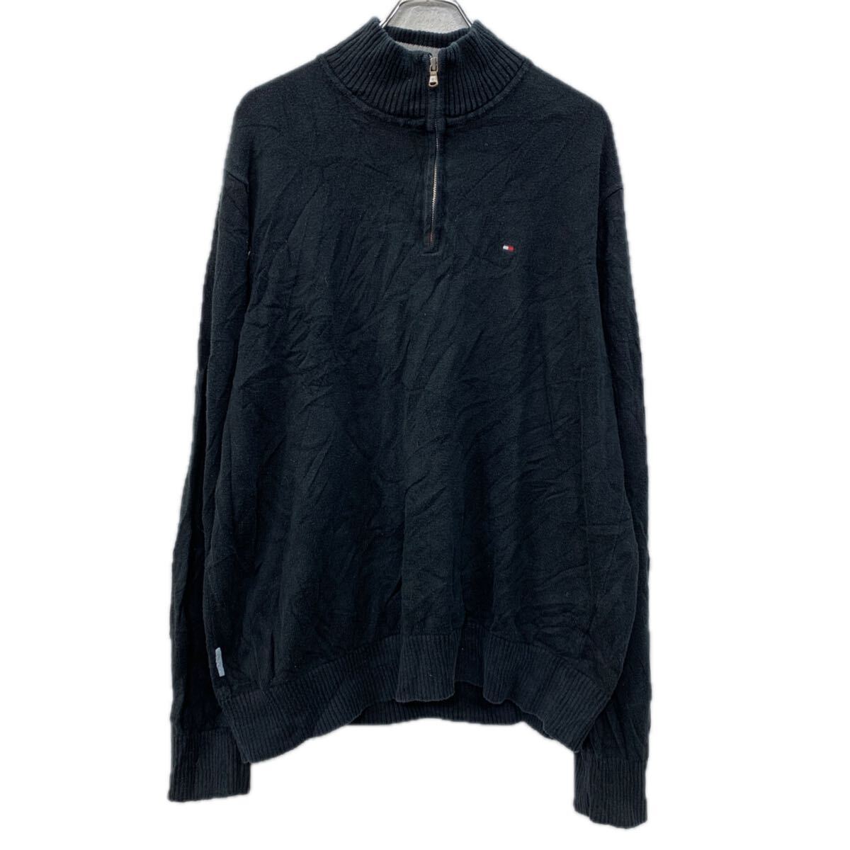 【中古】【古着】 TOMMY HILFIGER コットンニット セーター XL ブラック トミーヒルフィガー ハーフジップ 刺繍ロゴ コットン100% 無地 秋物 a711-6358