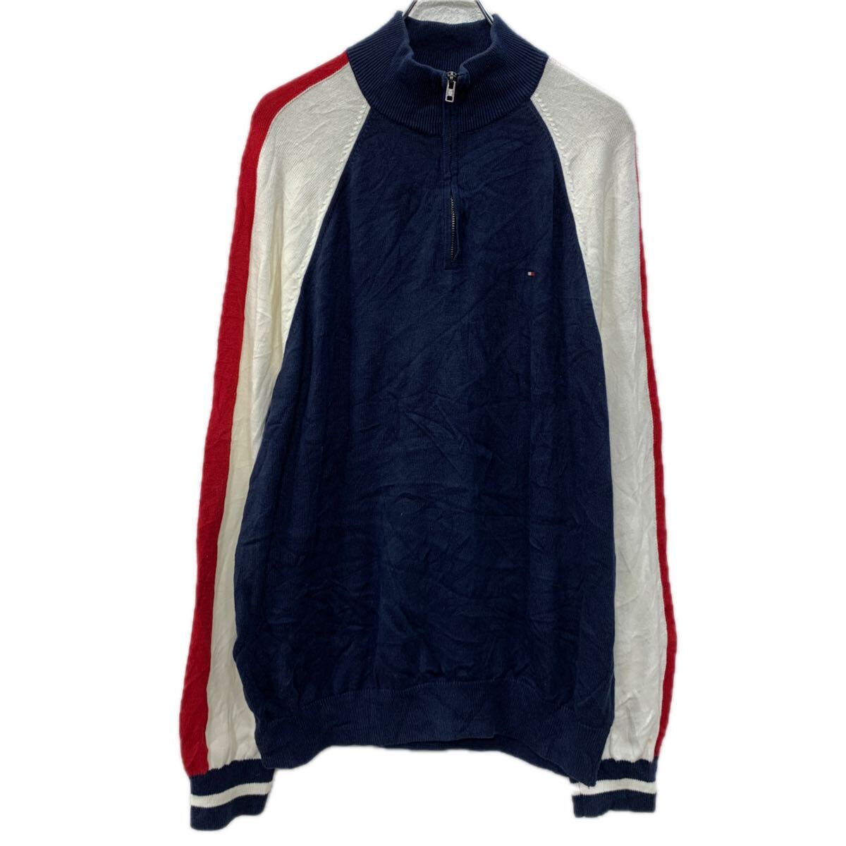 【中古】【古着】 TOMMY HILFIGER コットンニット セーター XL ネイビー マルチカラー トミーヒルフィガー ハーフジップ コットン100% 刺繍 秋物 a711-6361