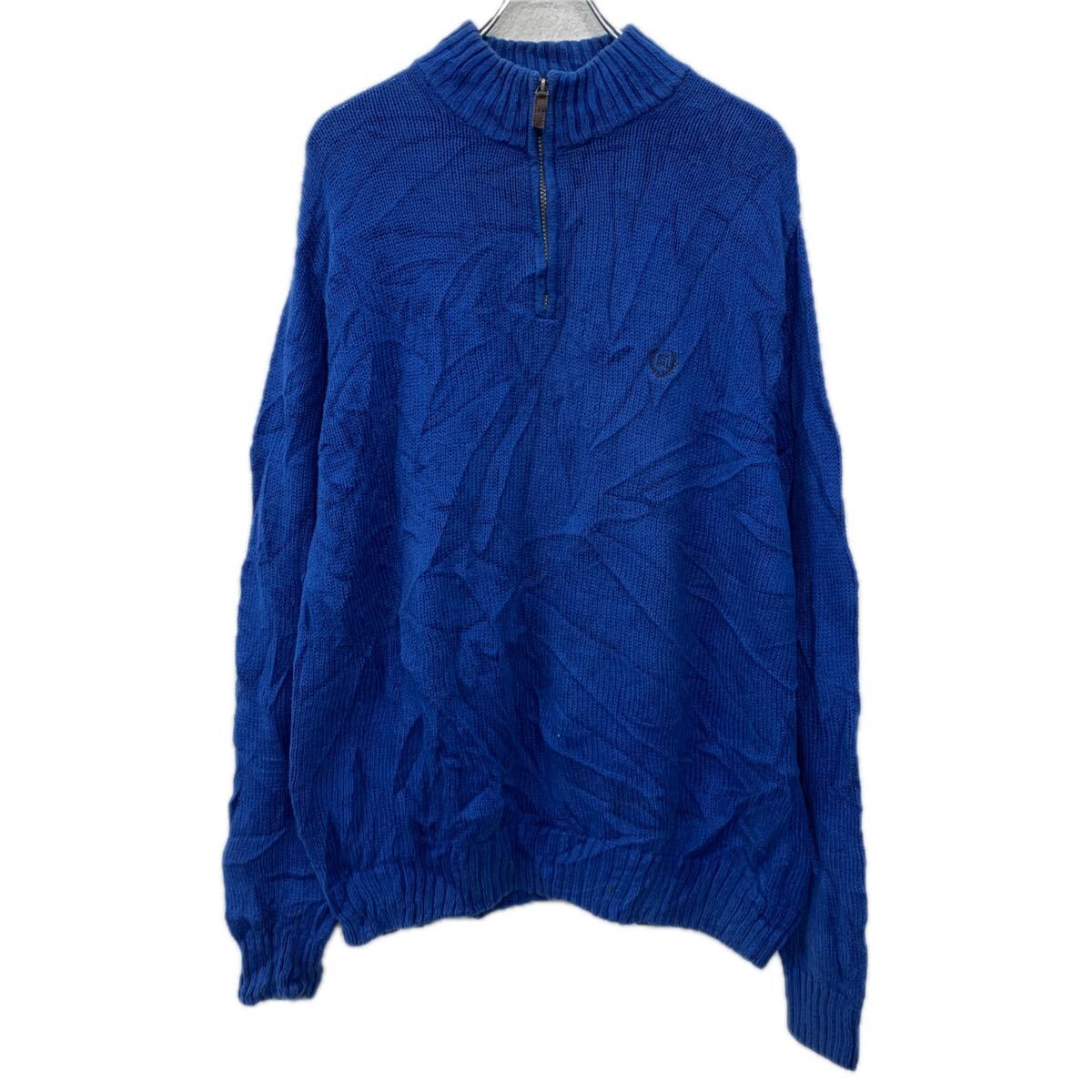 【中古】【古着】 CHAPS コットンニット セーター L ブルー チャップス ハーフジップ コットン100% 無地セーター 刺繍ワンポイント 無地 秋物 a711-6374