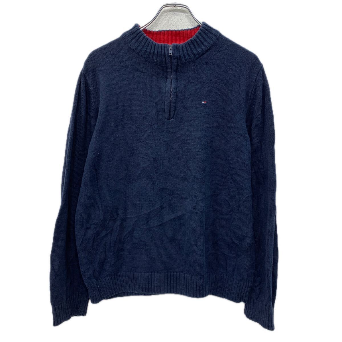 【中古】【古着】 TOMMY HILFIGER コットンニット セーター L ネイビー トミーヒルフィガー ハーフジップ 刺繍ワンポイント コットン100% 秋物 a711-6382