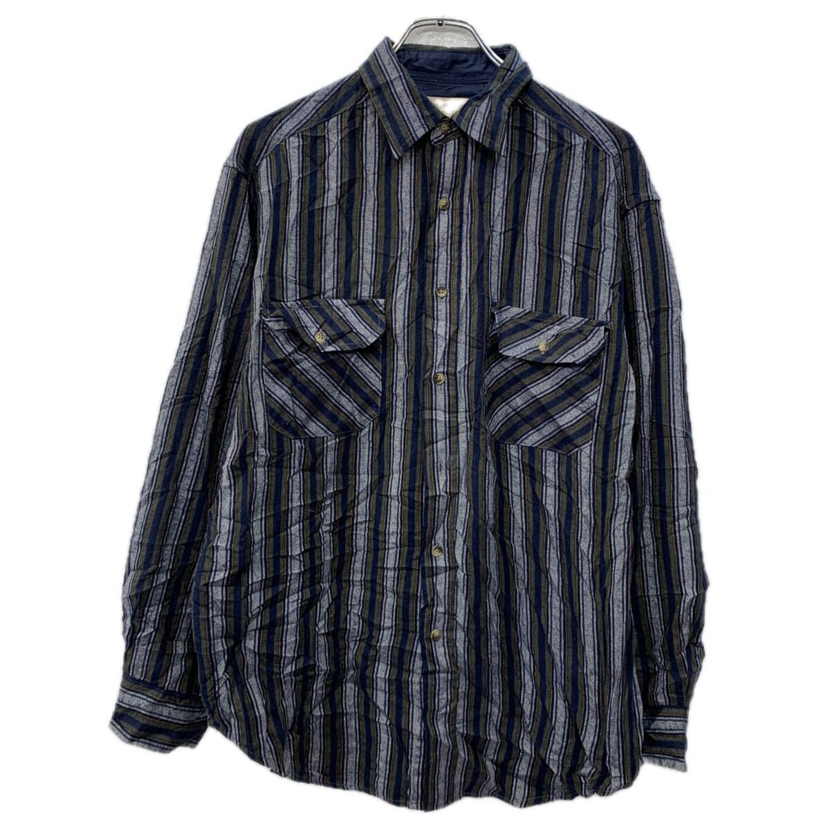 【中古】【古着】 NORTHWEST TERRITORY 長袖 ストライプシャツ L ネイビー マルチカラー ボタン ストライプ 胸ポケット カジュアルシャツ 春物 a711-6387