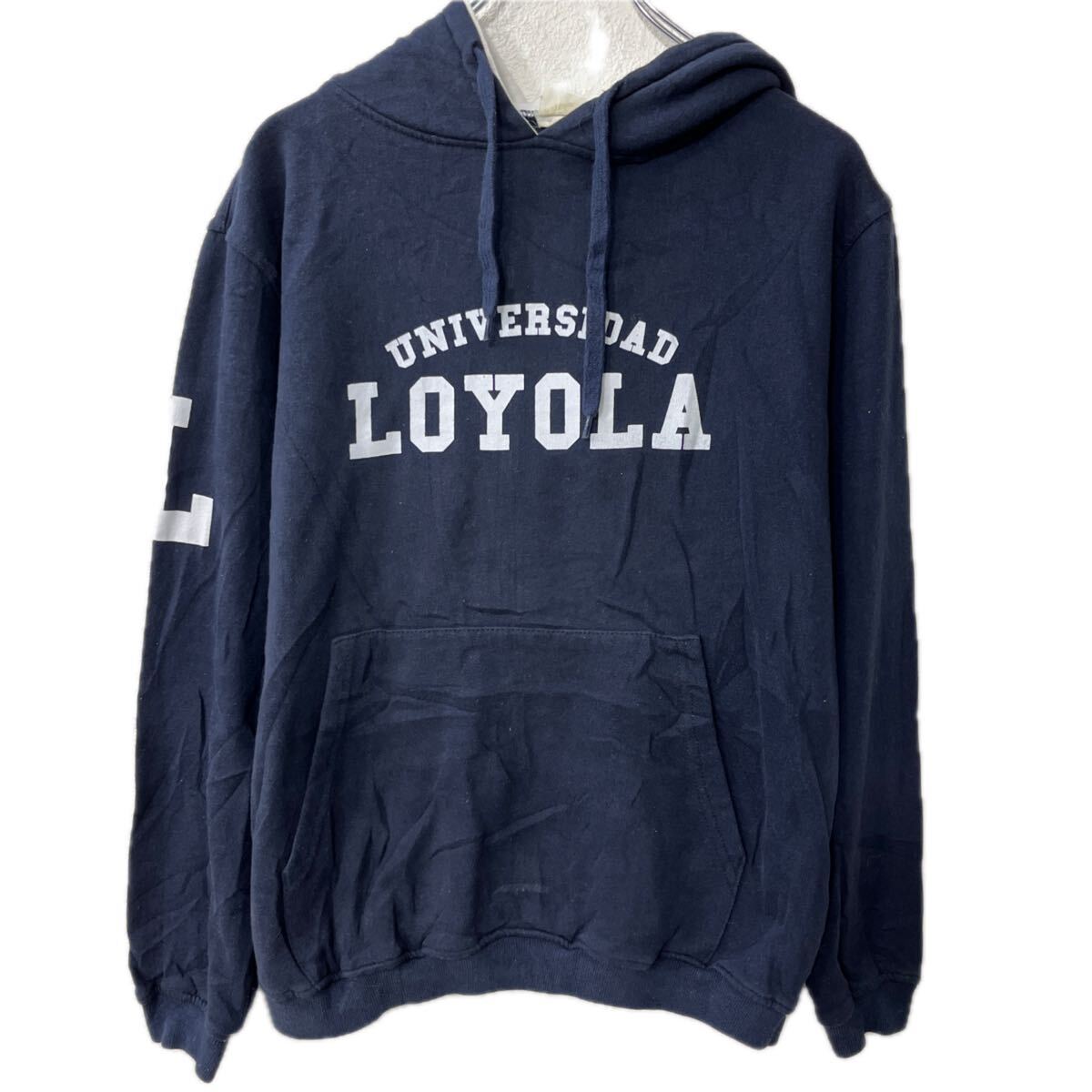 【中古】【古着】 UNIVERSIDAD LOYOLA プリントスウェット パーカー S ネイビー フーディー 裏起毛 プルオーバー カットソー トップス 秋物 a711-6409