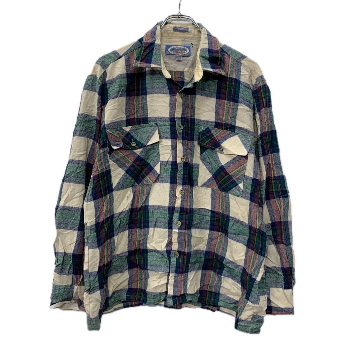  SCHOONER SPORTS 長袖 チェックシャツ L アイボリー マルチカラー ボタン 胸ポケット アクリル100% ネルシャツ 春物 a711-6428