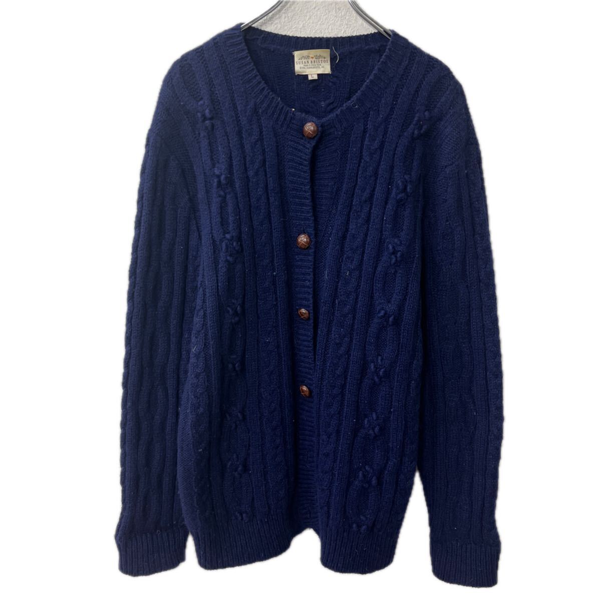 【中古】【古着】 SUSAN BRISTOL ウールニット セーター カーディガン L ネイビー ウール100% ケーブルニット ボタン シンプル 秋物 a711-6432