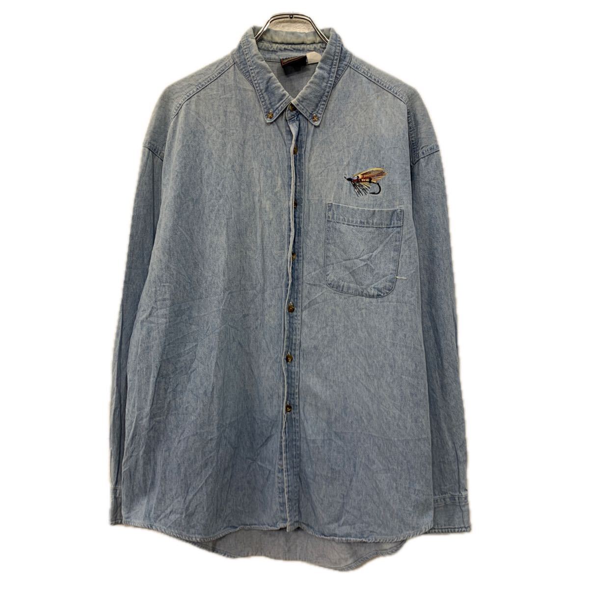 【中古】【古着】 HABITAT WILDERNESS 長袖 デニムシャツ L ブルー コットン100% ボタン 胸ポケット 刺繍ロゴ バックロゴ ボタンダウン 春物 a711-6454