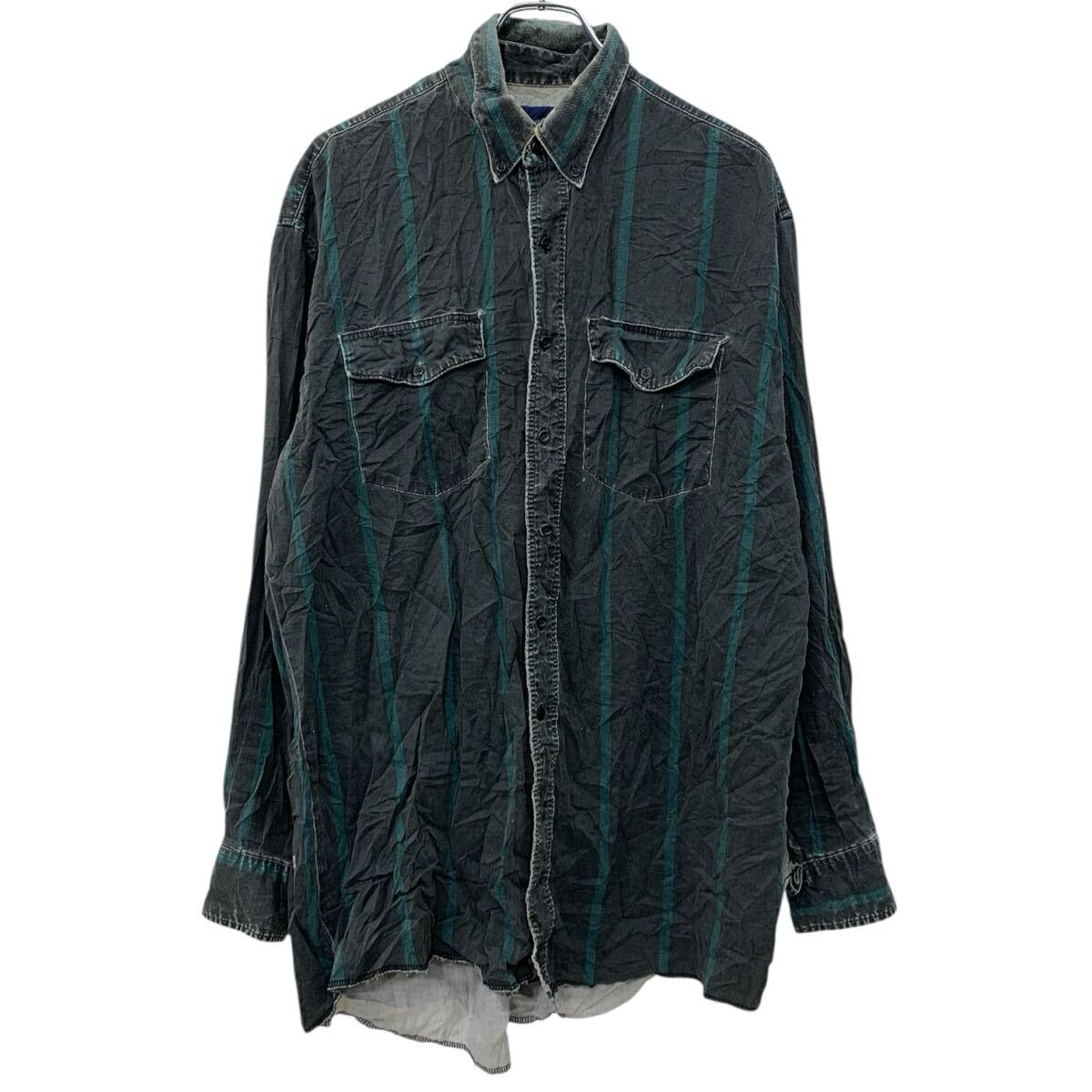 【中古】【古着】 Wrangler 長袖 ストライプシャツ XL ブラック グリーン ラングラー ボタンダウン ボタン 胸ポケット コットン100% 春..