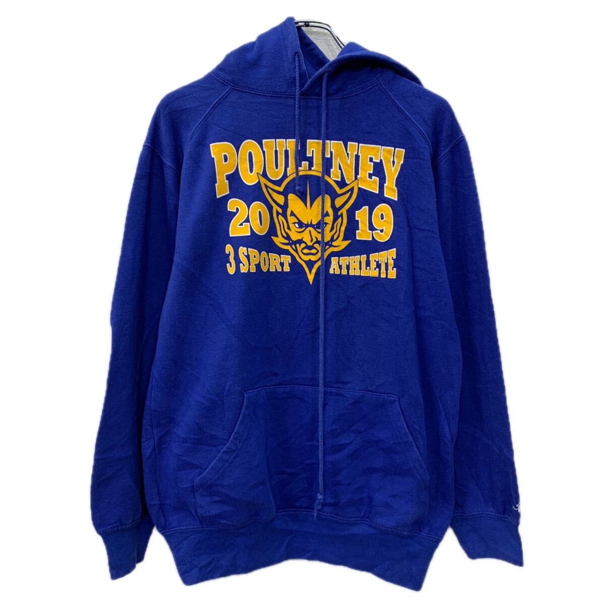 【中古】【古着】 Badger Sportswear プリントスウェット パーカー S ブルー イエロー プルオーバー ビッグプリント カレッジ フーディー 秋物 a711-6467
