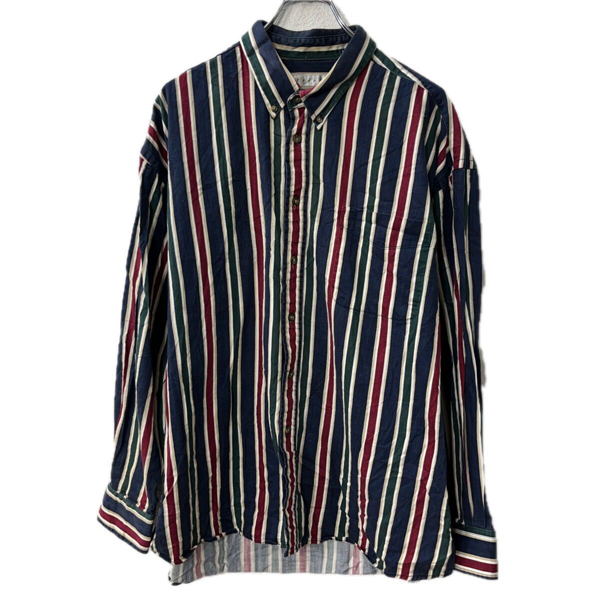 【中古】【古着】 tribute 長袖 ストライプシャツ L〜 ネイビー マルチカラー ボタンダウン 胸ポケット 長袖シャツ トップス 春物 a711-6472