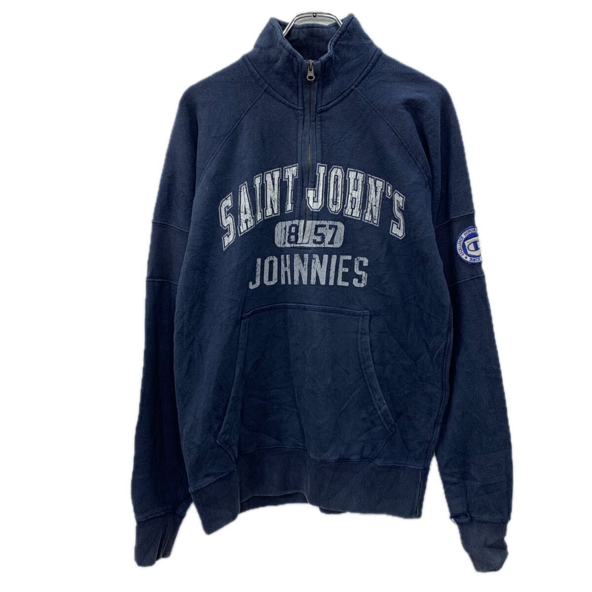 Other - 【中古】【古着】 Champion プリントスウェット トレーナー S ネイビー ホワイト チャンピオン ハーフジップ ビッグプリント アームロゴ 秋物 a711-6537