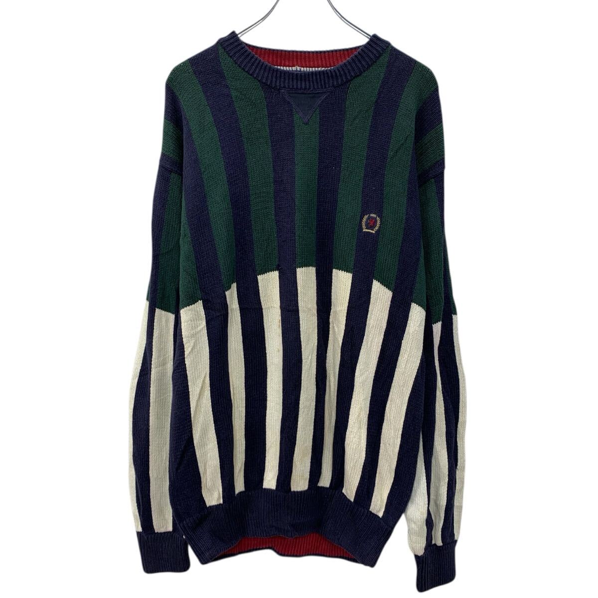 【中古】【古着】 TOMMY HILFIGER 長袖 コットンニット セーター L グリーン マルチカラー トミーヒルフィガー モックネック コットン100% 秋物 a711-6564