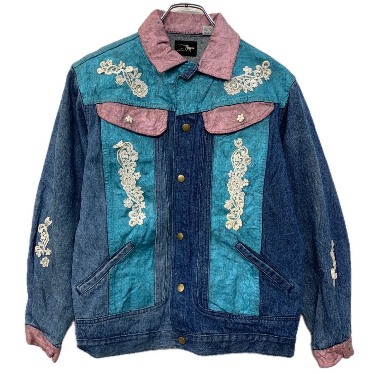 【中古】【古着】 SILVER UNICORN デニムジャケット L レディース ブルー マルチカラー シルバーユニコーン スナップボタン コットン100% 春物 a711-6566