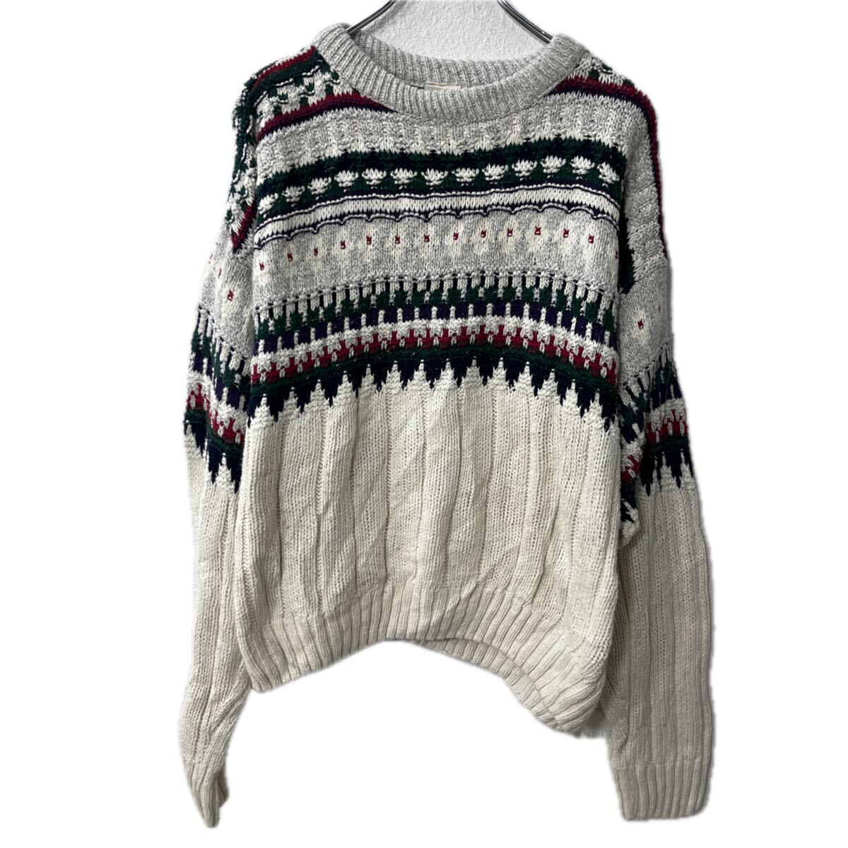 【中古】【古着】 USA製 Great Land コットンニット セーター M グレー ホワイト マルチカラー 総柄 コットン ケーブルニット トップス 冬物 a711-6637