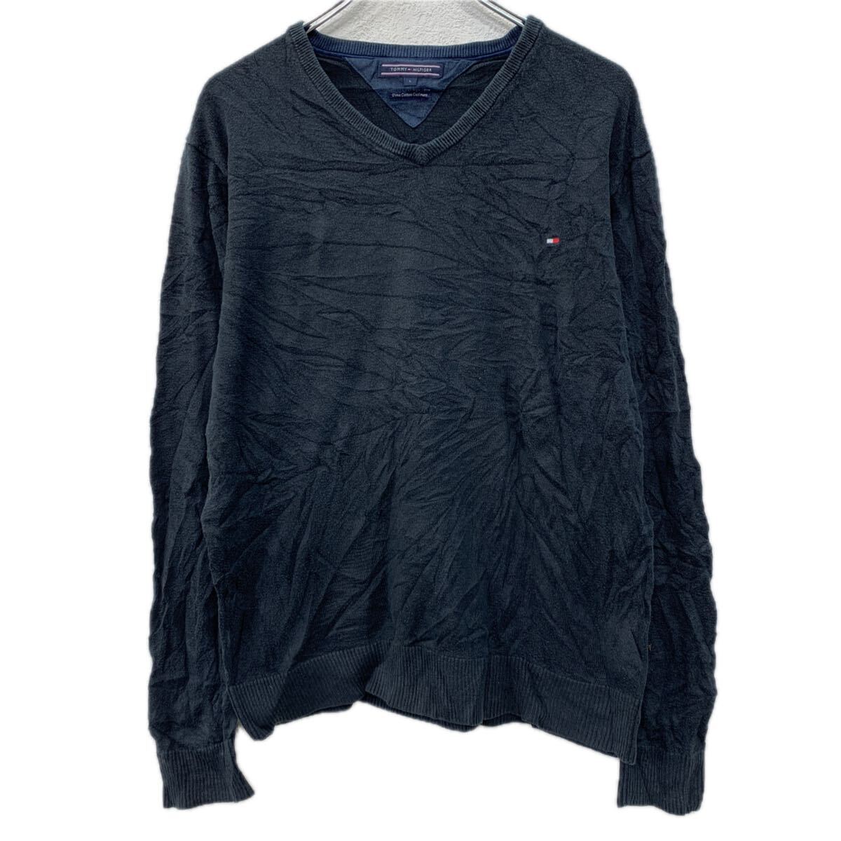 【中古】【古着】 TOMMY HILFIGER コットンニット セーター L ブラック トミーヒルフィガー Vネック 刺繍ロゴ プレミアムコットン 無地 春秋物 a711-6641