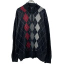 【中古】【古着】 YANHEUSEN_STUDIO コットンニット セーター XXL ブラック マルチカラー ハーフジップ コットン100% アーガイル柄 ニッ...