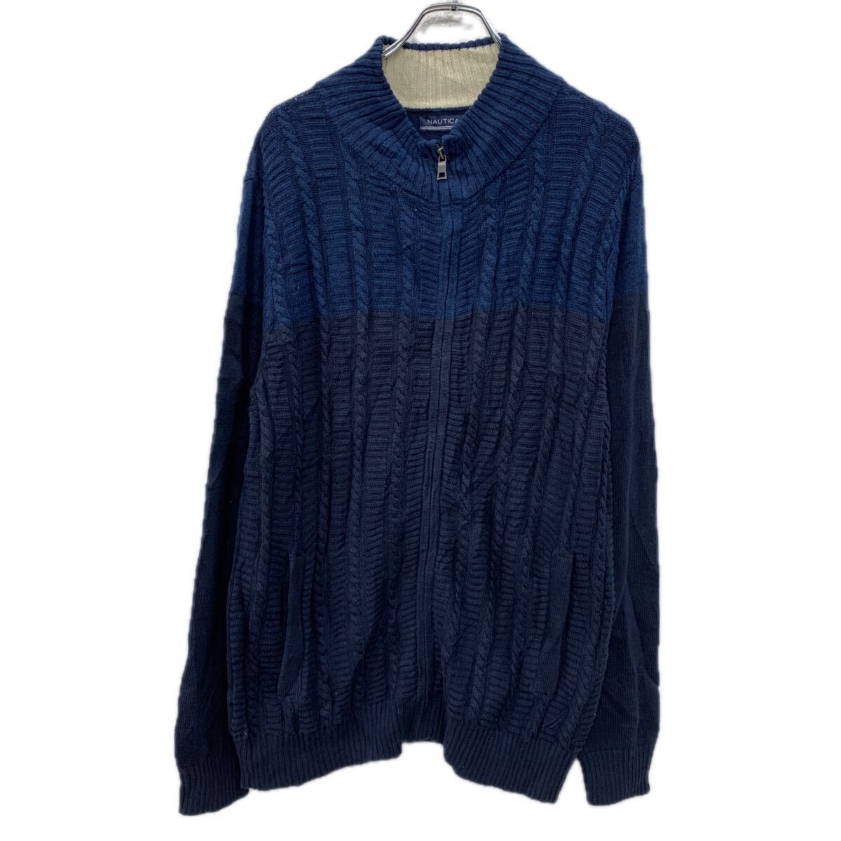 【中古】【古着】 NAUTICA コットンニット セーター M ネイビー ノーティカ ジップアップ モックネック ケーブルニット コットン100% 秋物 a711-6645
