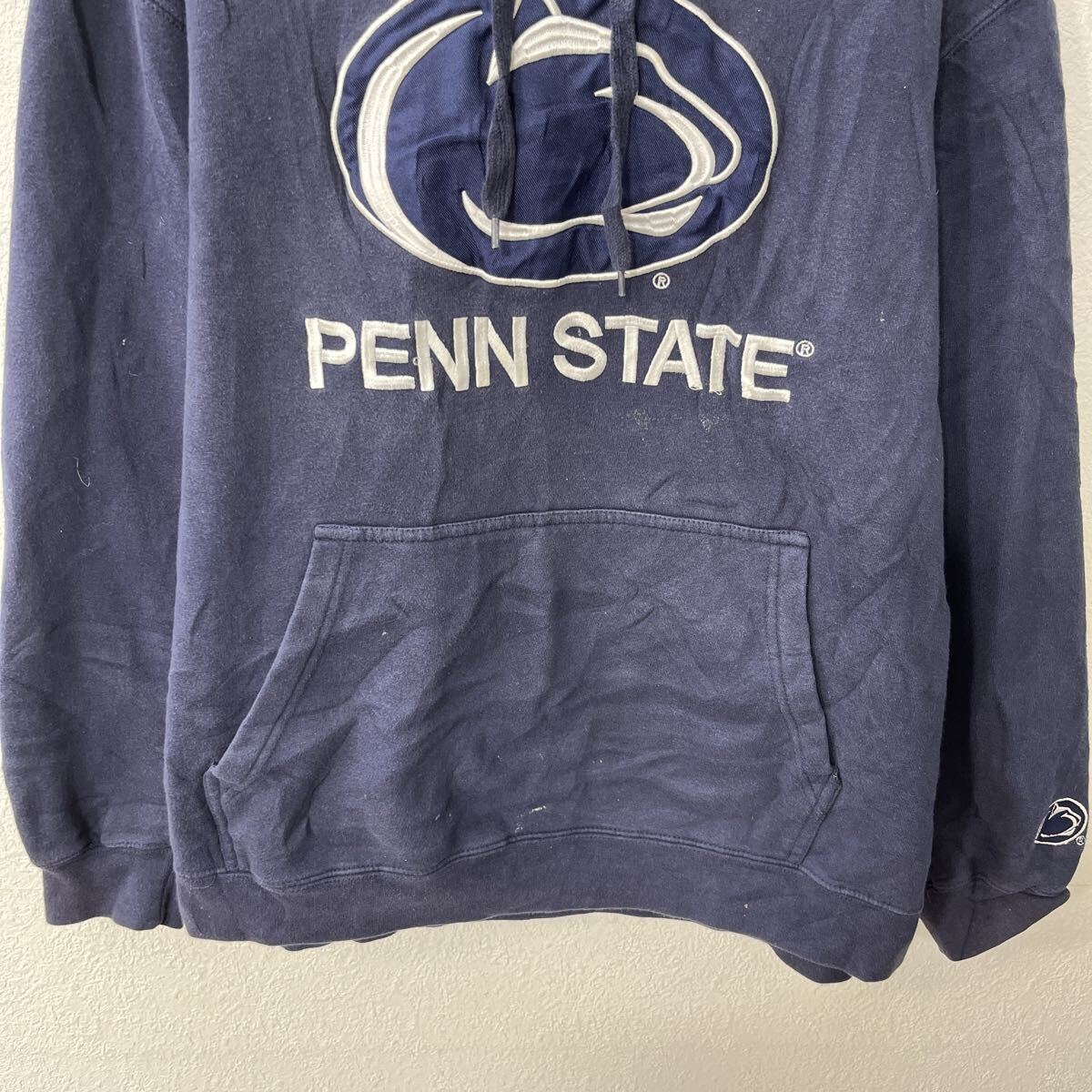 【中古】【古着】 e5 プリントスウェット パーカー XL ネイビー フーディー プルオーバー ビッグサイズ スポーティー トップス 秋物 a711-6731