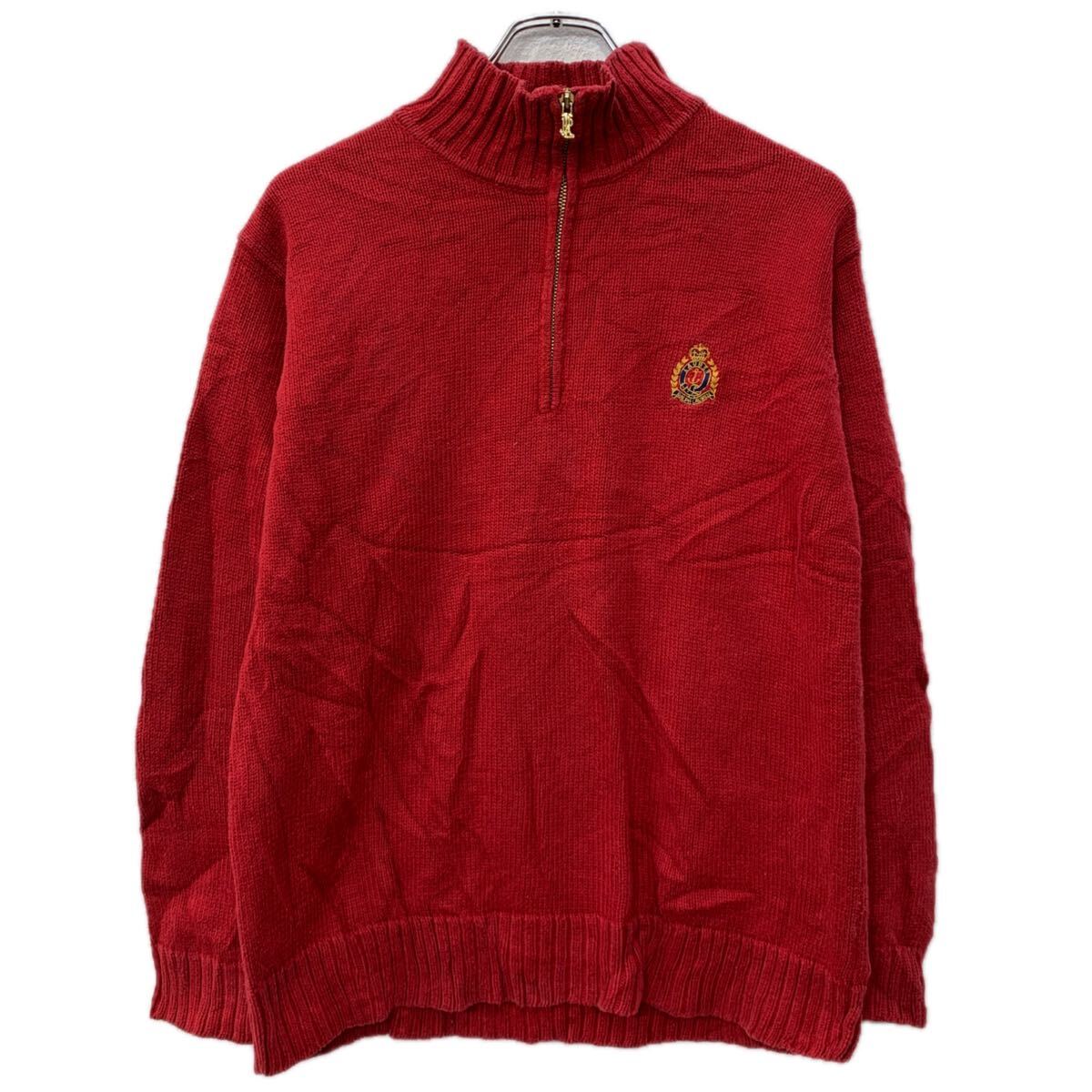 【中古】【古着】 LAUREN RALPH LAUREN コットンニット セーター S レディース レッド ローレン ラルフローレン ハーフジップ 刺繍ロゴ 秋物 a711-6745