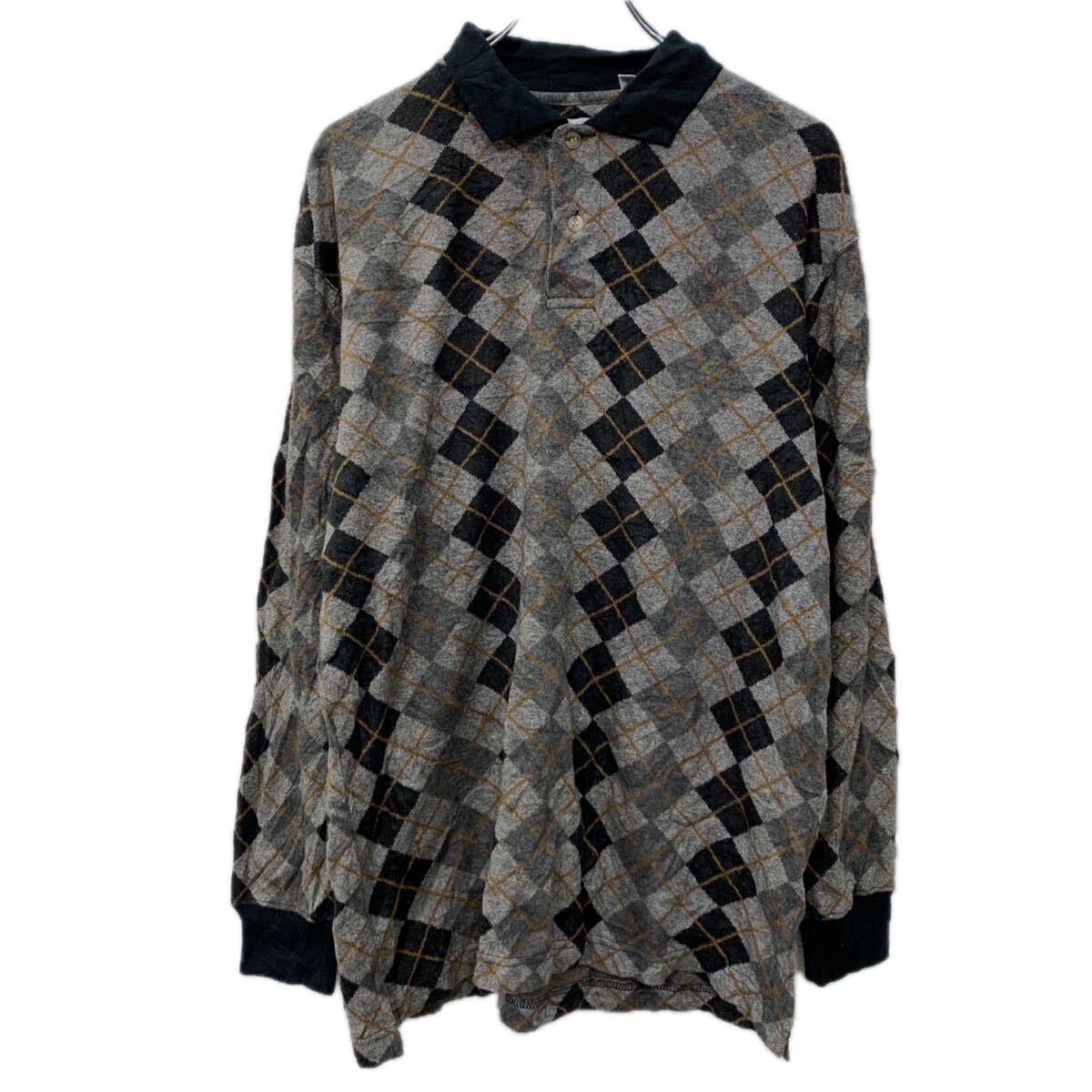 【中古】【古着】 KNIGHTSBRIDGE コットンニット セーター MEDIUM グレー マルチカラー ハーフボタン 総柄ニット 総柄セーター ボタン 秋物 a711-6814