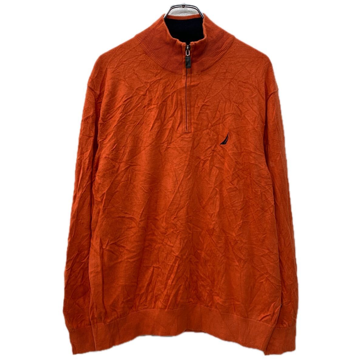 【中古】【古着】 NAUTICA コットンニット セーター XL オレンジ ノーティカ ハーフジップ 刺繍ワンポイント 無地セーター コットン100% 秋物 a712-5013