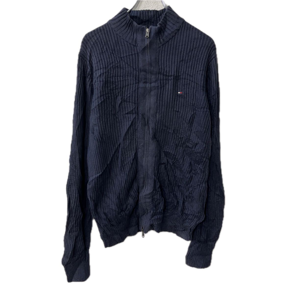 【中古】【古着】 TOMMY HILFIGER コットンニット セーター S ネイビー トミーヒルフィガー ジップアップ コットン ワンポイントロゴ 秋物 a712-5058
