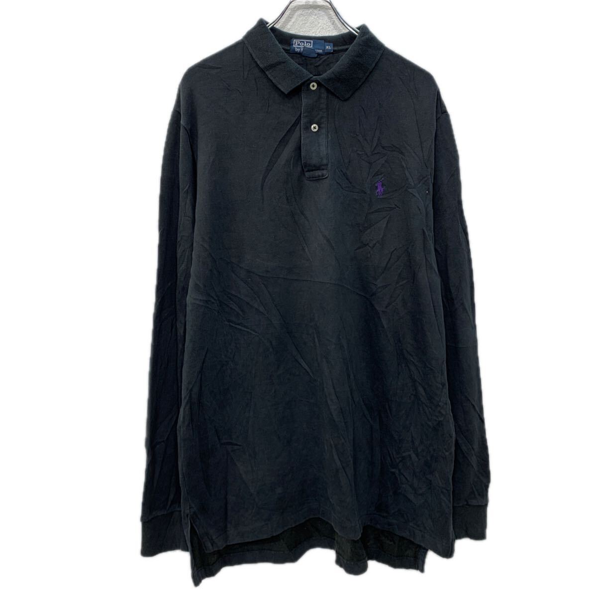 【中古】【古着】 POLO RALPH LAUREN 長袖 ポロシャツ XL ブラック パープル ポロラルフローレン ハーフボタン 刺繍ワンポイント 無地 春物 a712-5107
