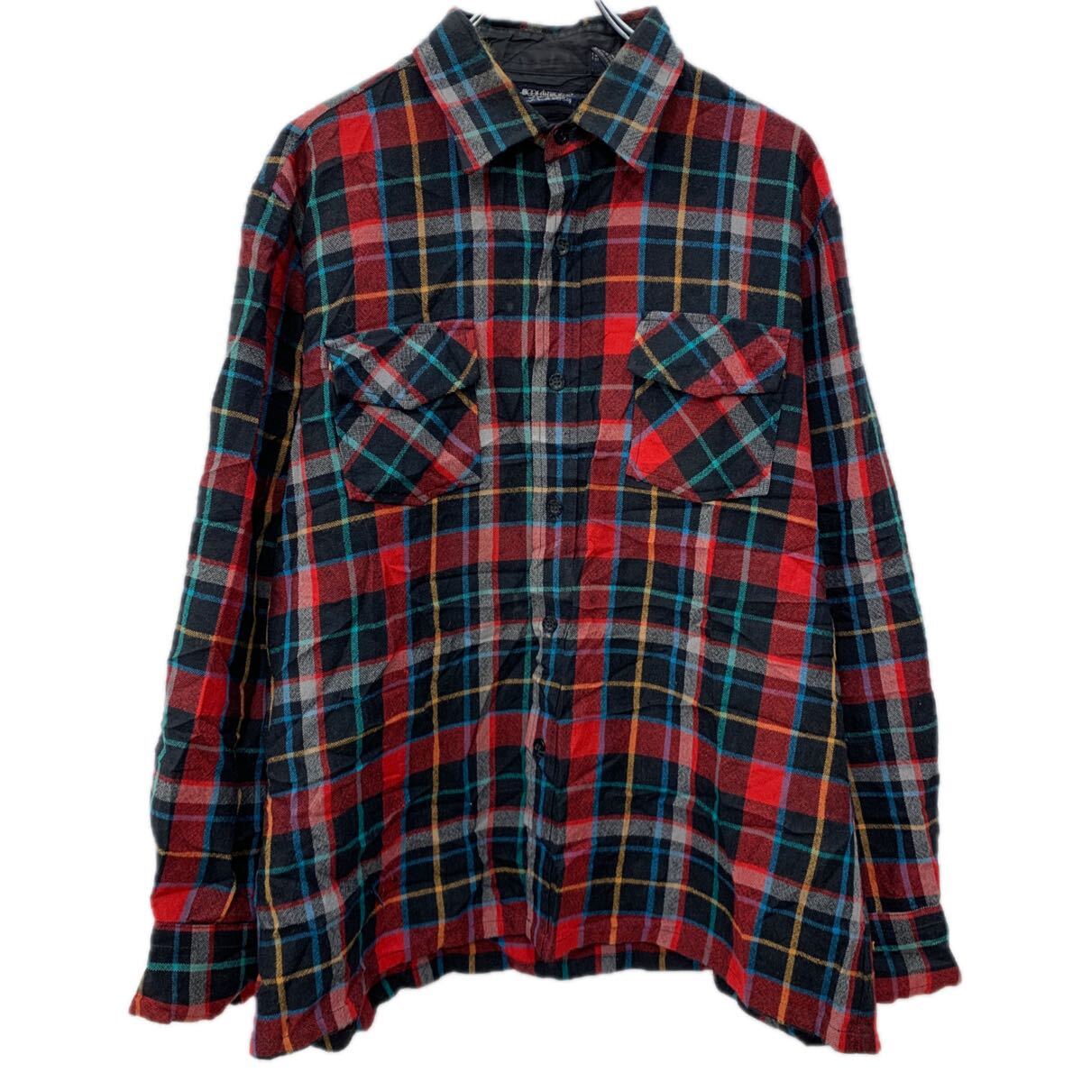 【中古】【古着】 Brewster 長袖 ネルシャツ L レッド マルチカラー ボタン 胸ポケット チェックシャツ カジュアル チェック柄 アメカ..