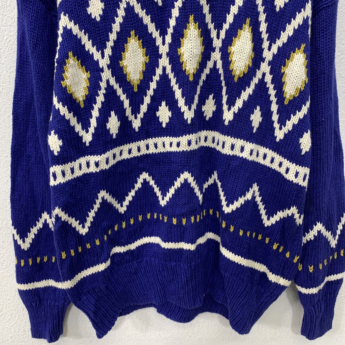 【中古】【古着】 claiborne コットンニット セーター M ブルー マルチカラー プルオーバー モックネック 総柄セーター コットン100% 秋物 a712-5174