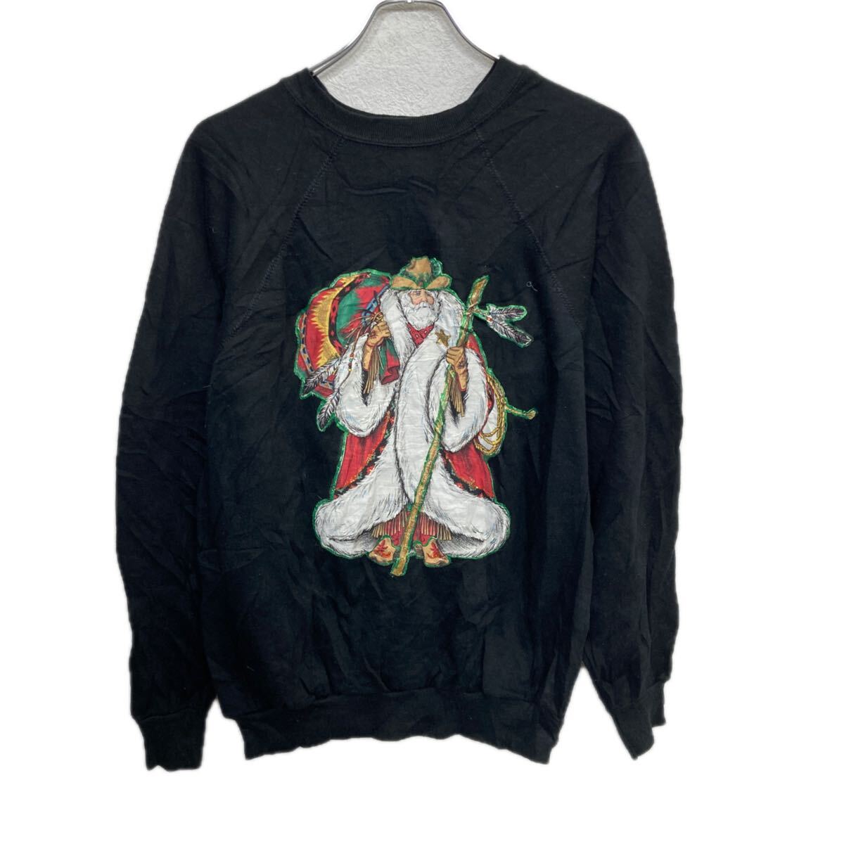 【中古】【古着】 USA製 Tultex プリントトレーナー L ブラック タルテックス プルオーバー サンタクロース クリスマス トップス 秋冬物 a712-5205