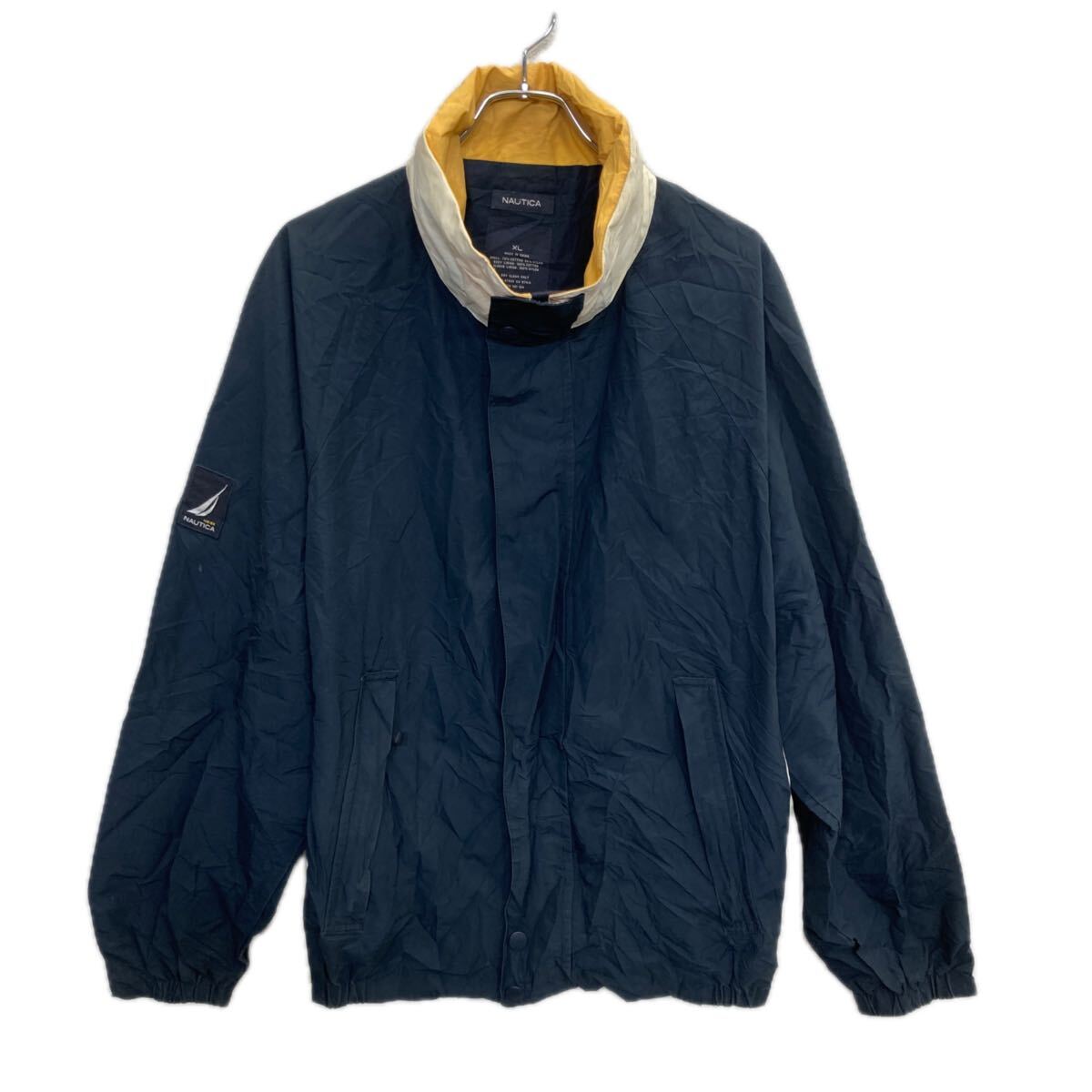 【中古】【古着】 NAUTICA セーリングジャケット XL ネイビー×ホワイト×イエロー ノーティカ ジップアップ スナップボタン 薄手アウター 春秋物 a712-5249