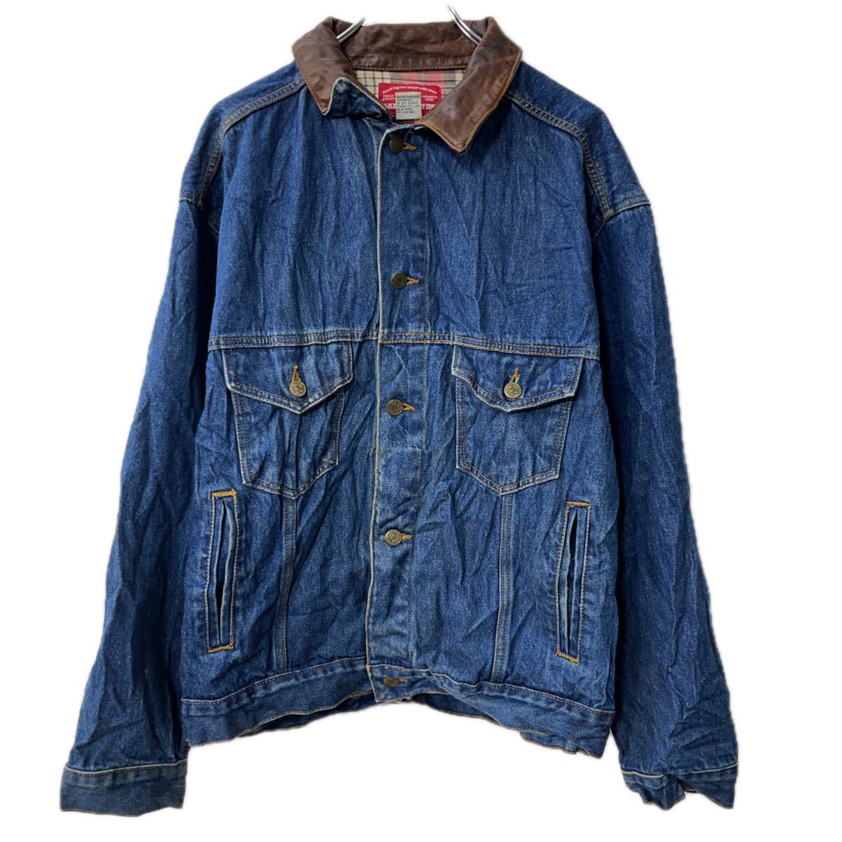 【中古】【古着】 MARLBORO COUNTRY STORE デニムジャケット L インディゴブルー 襟レザー ボタン コットン 胸ポケット アウター 春物 a712-5302