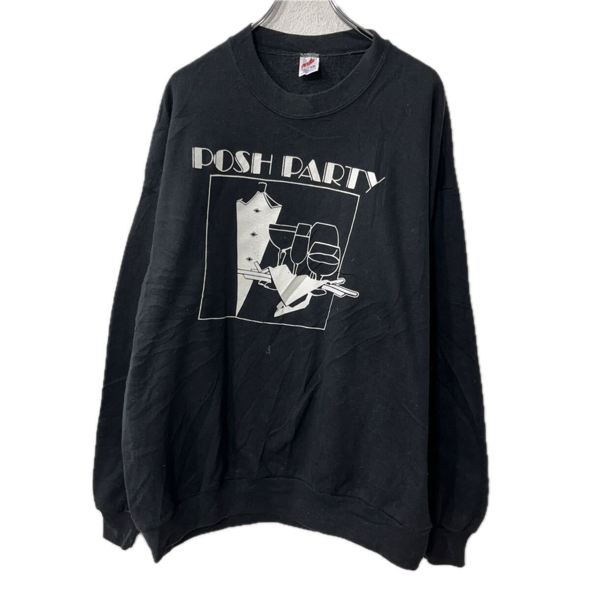 【中古】【古着】 USA製 JERZEES プリントスウェット トレーナー 2XL ブラック ジャージーズ 裏起毛 ビッグサイズ プルオーバー トップ..