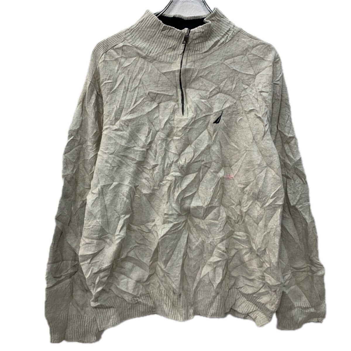 【中古】【古着】 NAUTICA コットンニット セーター L アイボリー ノーティカ ハーフジップ コットン100% 刺繍ワンポイント 無地セーター 秋物 a712-5455