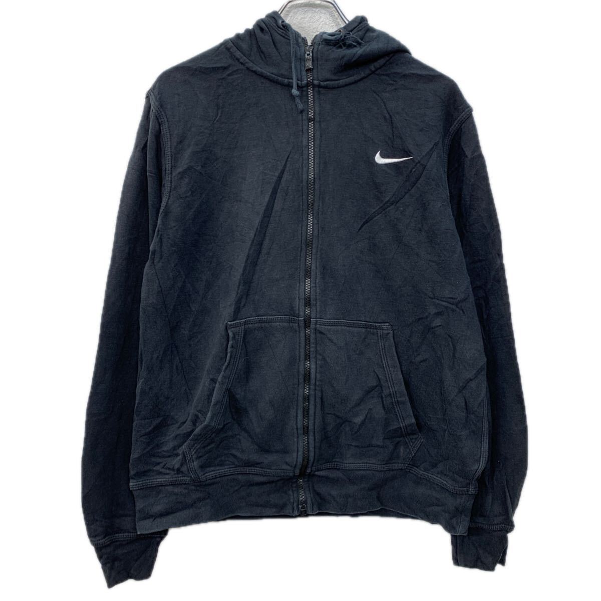 【中古】【古着】 NIKE ロゴスウェット パーカー M ブラック ホワイト ナイキ ジップアップ フーディー 刺繍ワンポイント 無地スウェット 秋物 a712-5463