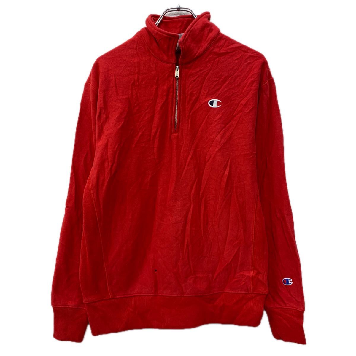 【中古】【古着】 Champion ロゴスウェット トレーナー M レッド チャンピオン ハーフジップ 刺繍ワンポイント スポーティー スウェット 秋物 a712-5516